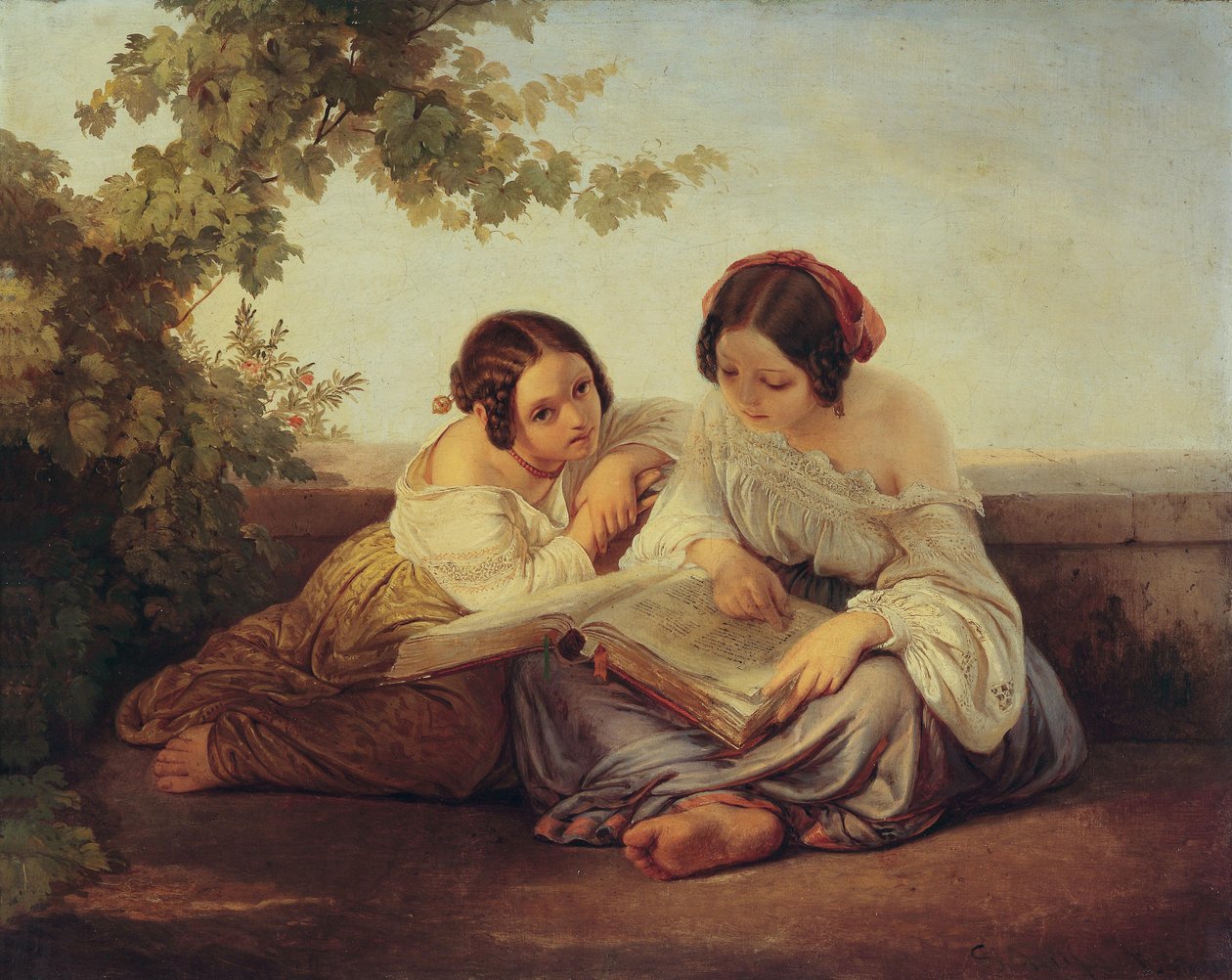 Dos niñas leyendo frente a un fondo de paisaje de Alfred von Schüssler