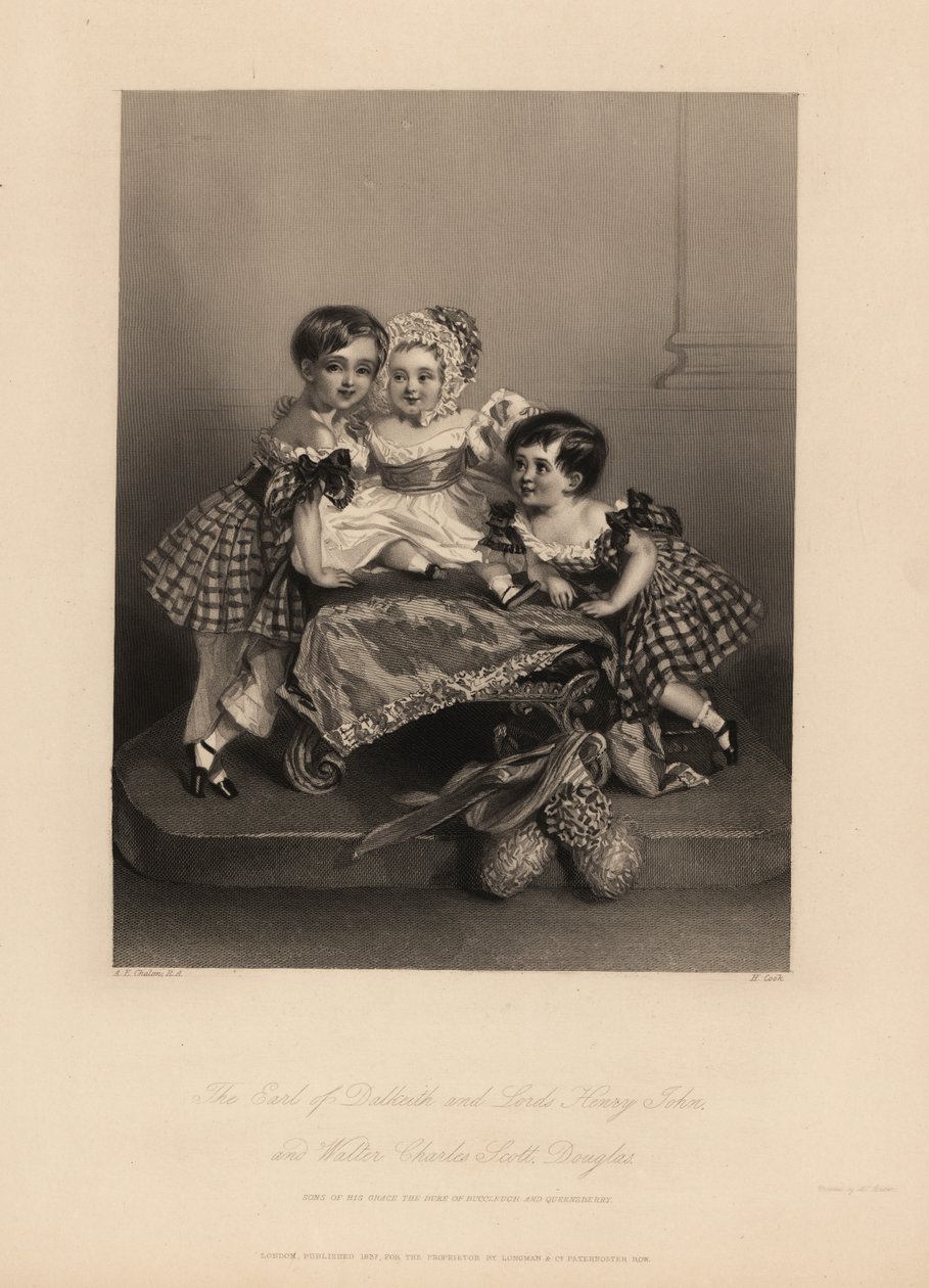 Conde de Dalkeith (William Henry), Henry John y Walter Charles Scott Douglas, hijos del 5º Duque de Buccleuch, 7º Duque de Queensberry. Dos hijos visten vestidos de tartán con cintas, con el más joven en un gorro y vestido de satén. Grabado en acero por H. de Alfred Edward (after) Chalon