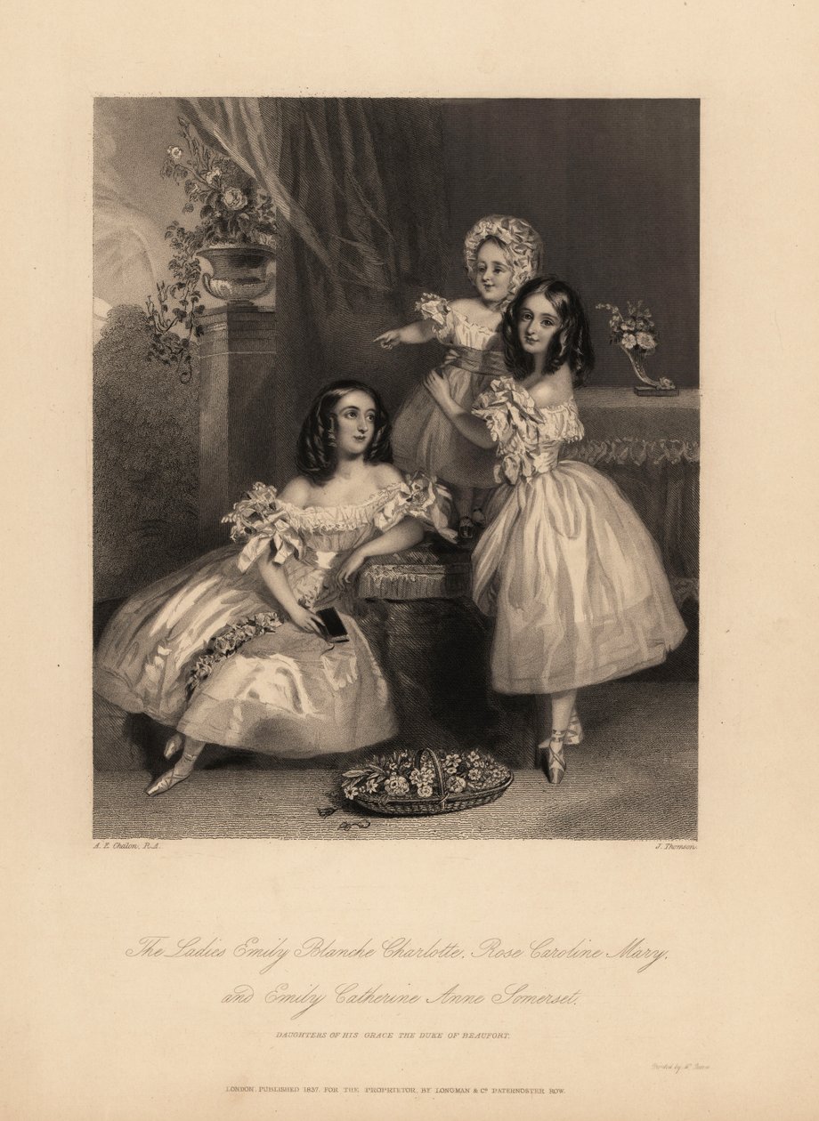 Retrato de Emily Blanche Charlotte, Rose Caroline y Emily Catherine Anne Somerset, hijas de Henry Somerset, 7º Duque de Beaufort. Tres jóvenes hermanas con rizos en vestidos de satén con cintas y encajes, zapatos de ballet. Grabado en acero por J. Thomson de Alfred Edward (after) Chalon