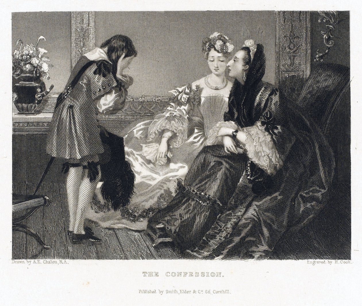 La confesión, relativa a un cuento del mismo título, una mujer con un gran vestido negro se inclina hacia delante para escuchar la confesión de un joven, que se cubre la cara con las manos de Alfred Edward (after) Chalon