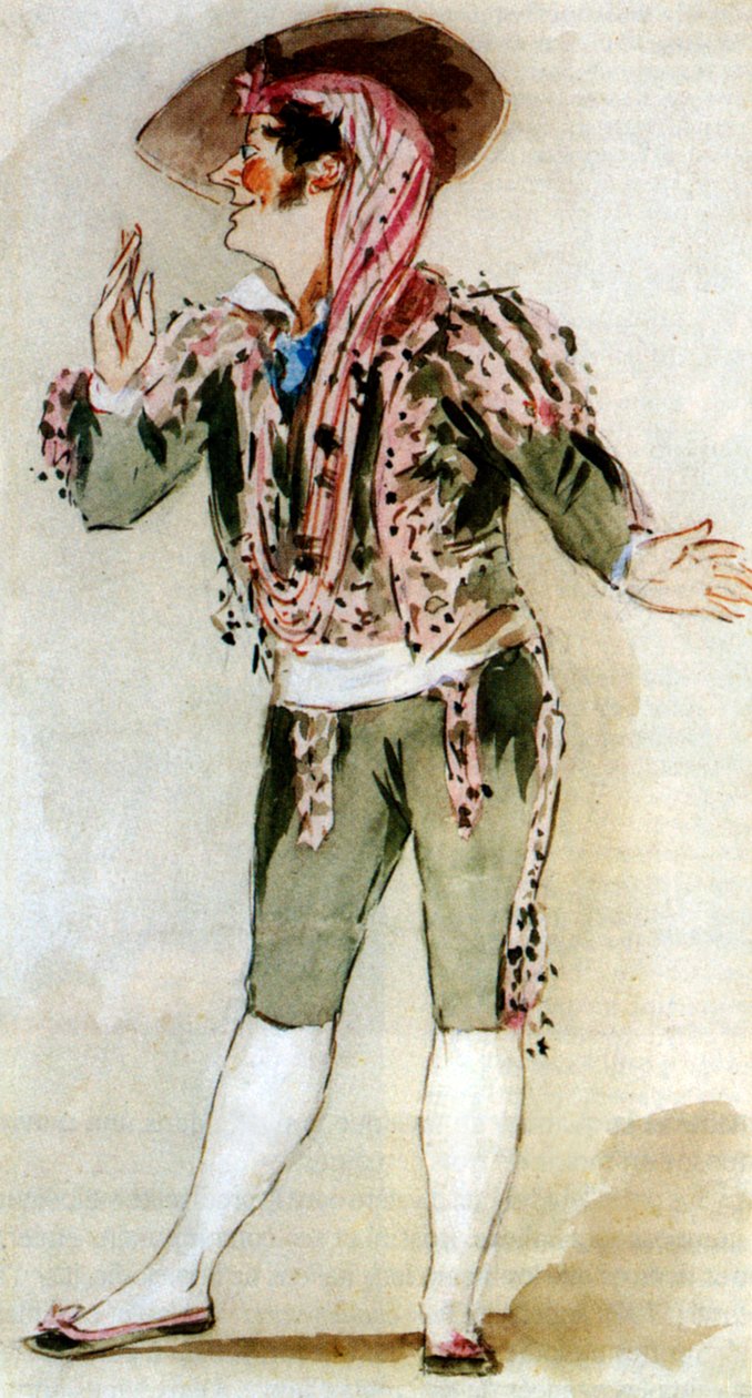 Carlo Zucchelli (1793-1879) Bajo italiano, en el papel de Fígaro en la ópera "El barbero de Sevilla" de Gioacchino Rossini, acuarela de Alfred Edward Chalon