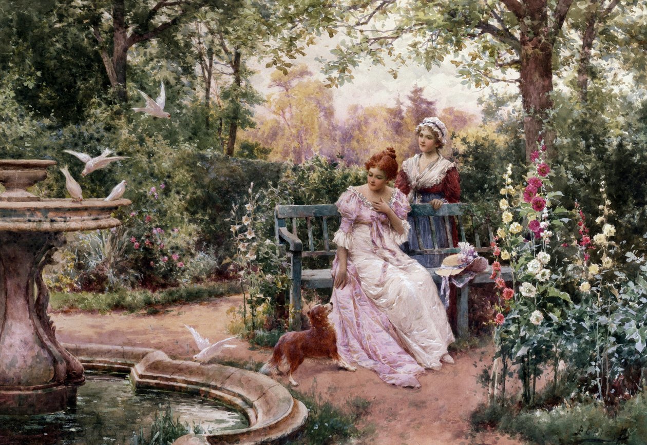 Las mascotas de su señora. Dos jovencitas en un jardín de flores con un perro cerca de una fuente con palomas. Pintura de Alfred Augustus I Glendening (ac.1861-d.1903 británico). Prerrafaelismo (arte prerrafaelita). Colección privada de Alfred Augustus Glendening