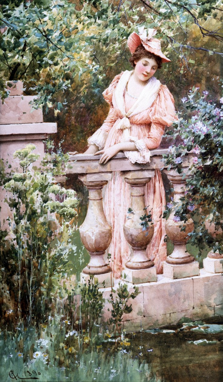 Momentos de ocio. Une femme elegante regarde un bassin appuyee a une balustrade. Pintura de Alfred Augustus I Glendening (ac.1861-d.1903 Británico) Collection privee de Alfred Augustus Glendening