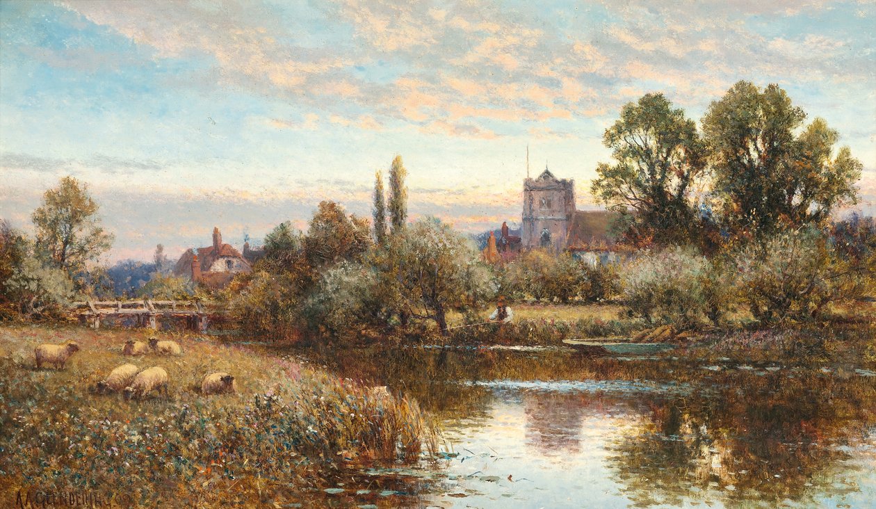 Ovejas pastando frente a la iglesia de Wrotham, al atardecer de Alfred Augustus Glendening