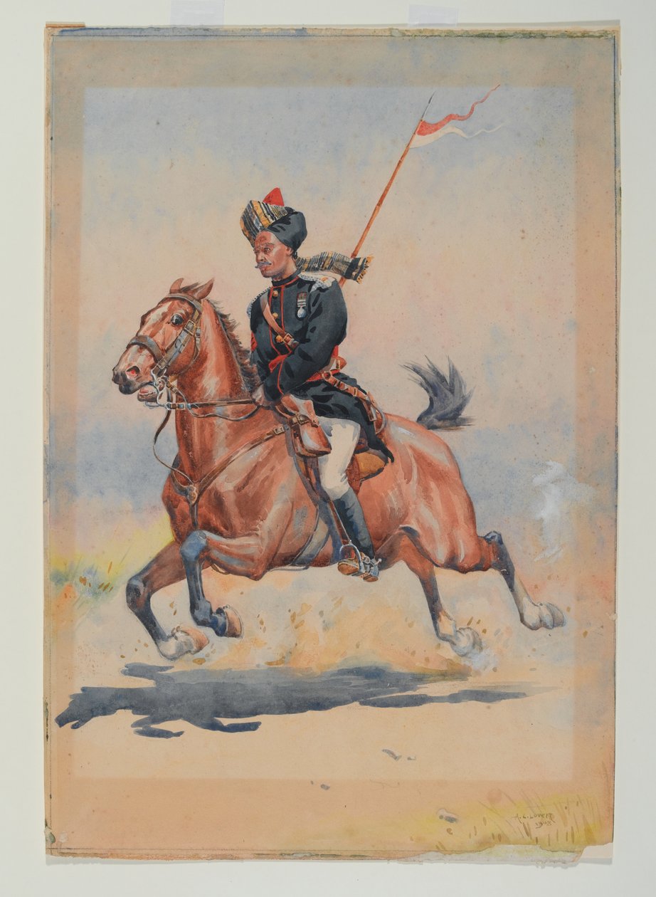 Un Jat Sowar de la 6ª Caballería montado, galopando, con lanza de Alfred Crowdy Lovett
