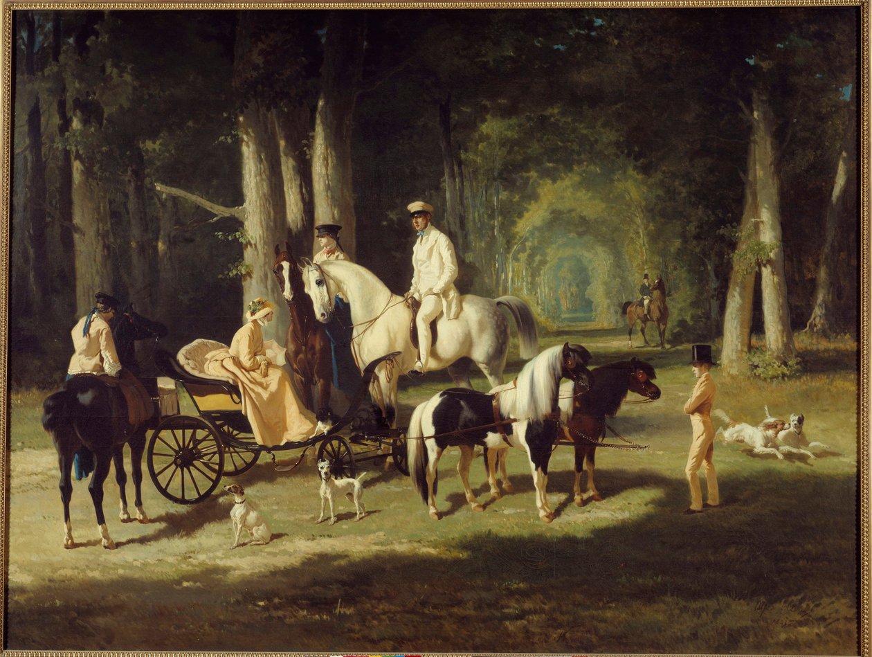El Sr. y la Sra. A. Mosselman y sus dos hijas paseando a caballo por el bosque de Alfred Dedreux