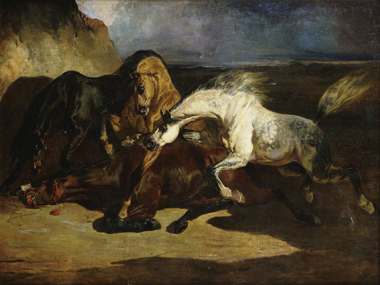Caballos luchando en un paisaje tormentoso de Alfred Dedreux