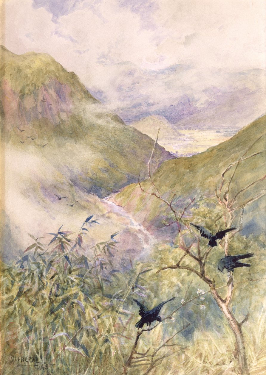 Mirando sobre los lirios: El valle de Nikko mirando hacia el este hacia la provincia de Shimo-no-Tsuke, c.1889 de Alfred East