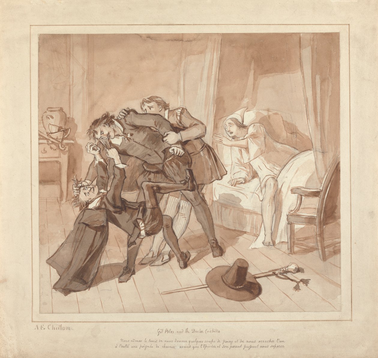 Gil Blas, mientras ejerce la medicina con el Dr. Sangrado, encuentra al Dr. Cuchillo en la cama del tendero de Alfred Edward Chalon