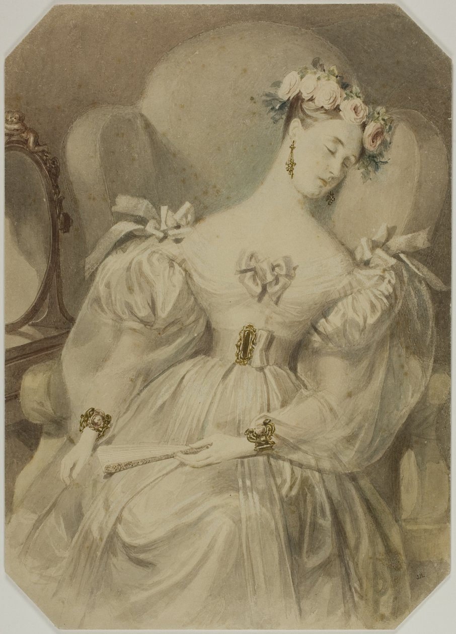 Mujer en vestido de noche dormida en sillón de Alfred Edward Chalon