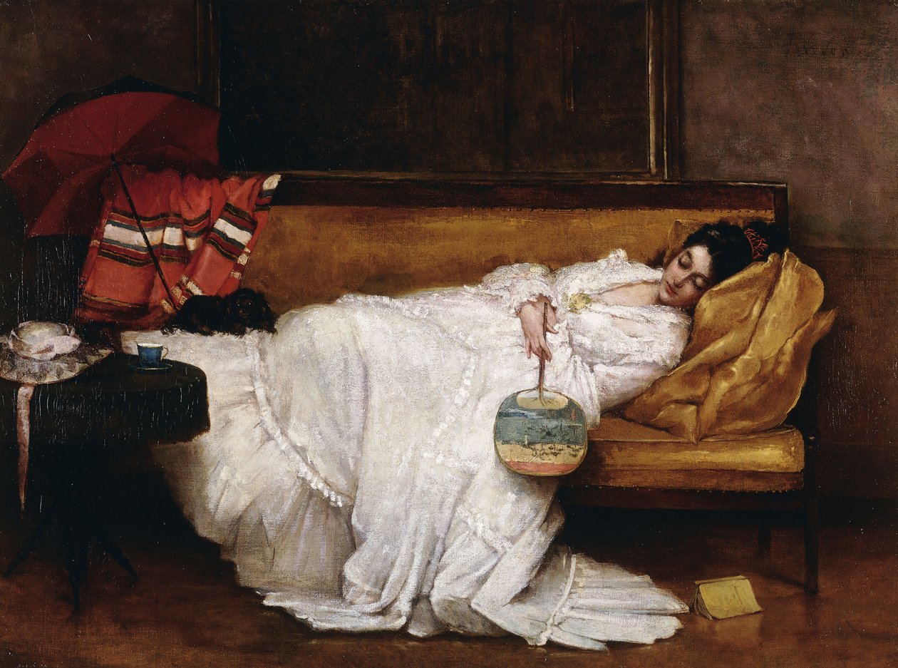 Una niña con un abanico japonés dormida en un sofá de Alfred Emile Stevens
