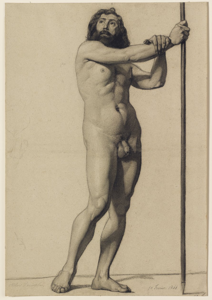 Estudio académico de figura: desnudo masculino sosteniendo un bastón, 1844 de Alfred Emile Stevens