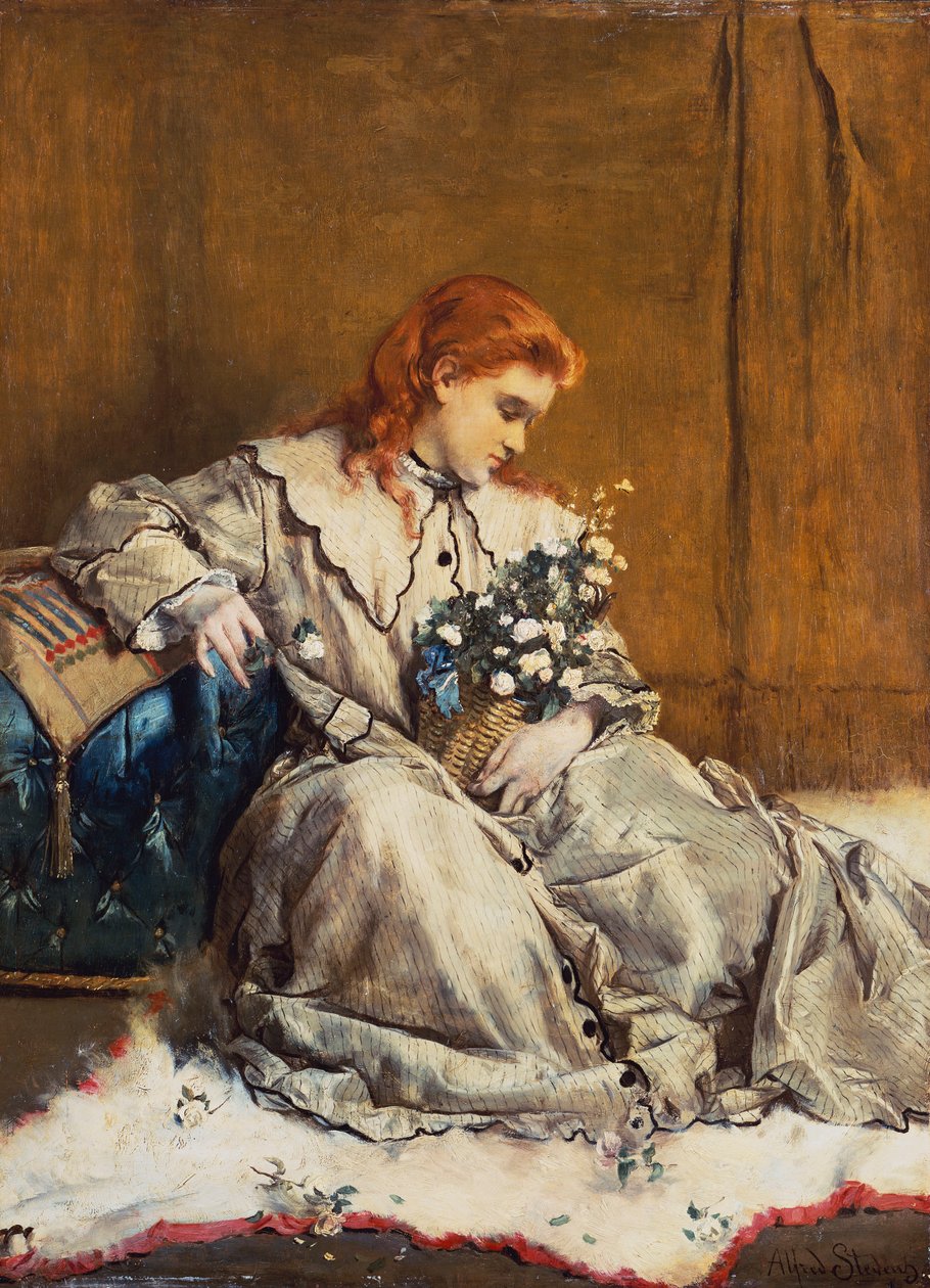 Ensoñación, joven pelirroja con otomana azul de Alfred Emile Stevens