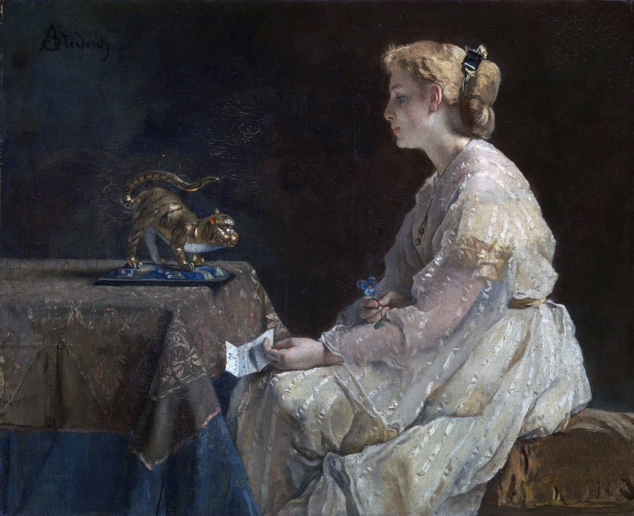 ""El presente"" Una mujer joven que descubre una estatuilla de gato - Pintura de Alfred Stevens (1823-1906) alrededor de 1870 Galería Nacional de Londres de Alfred Emile Stevens