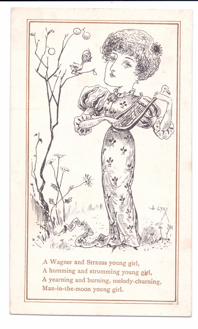 Tarjeta de felicitación victoriana de un estético tocando un laúd, c.1881 de Alfred Gray