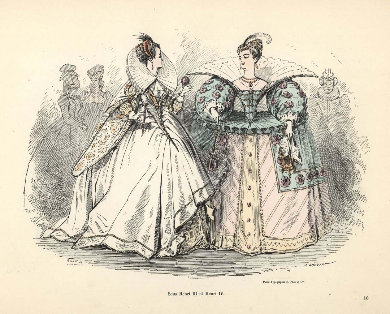 Caricatura de trajes de mujer en la época del rey Enrique III y IV de Alfred Grevin