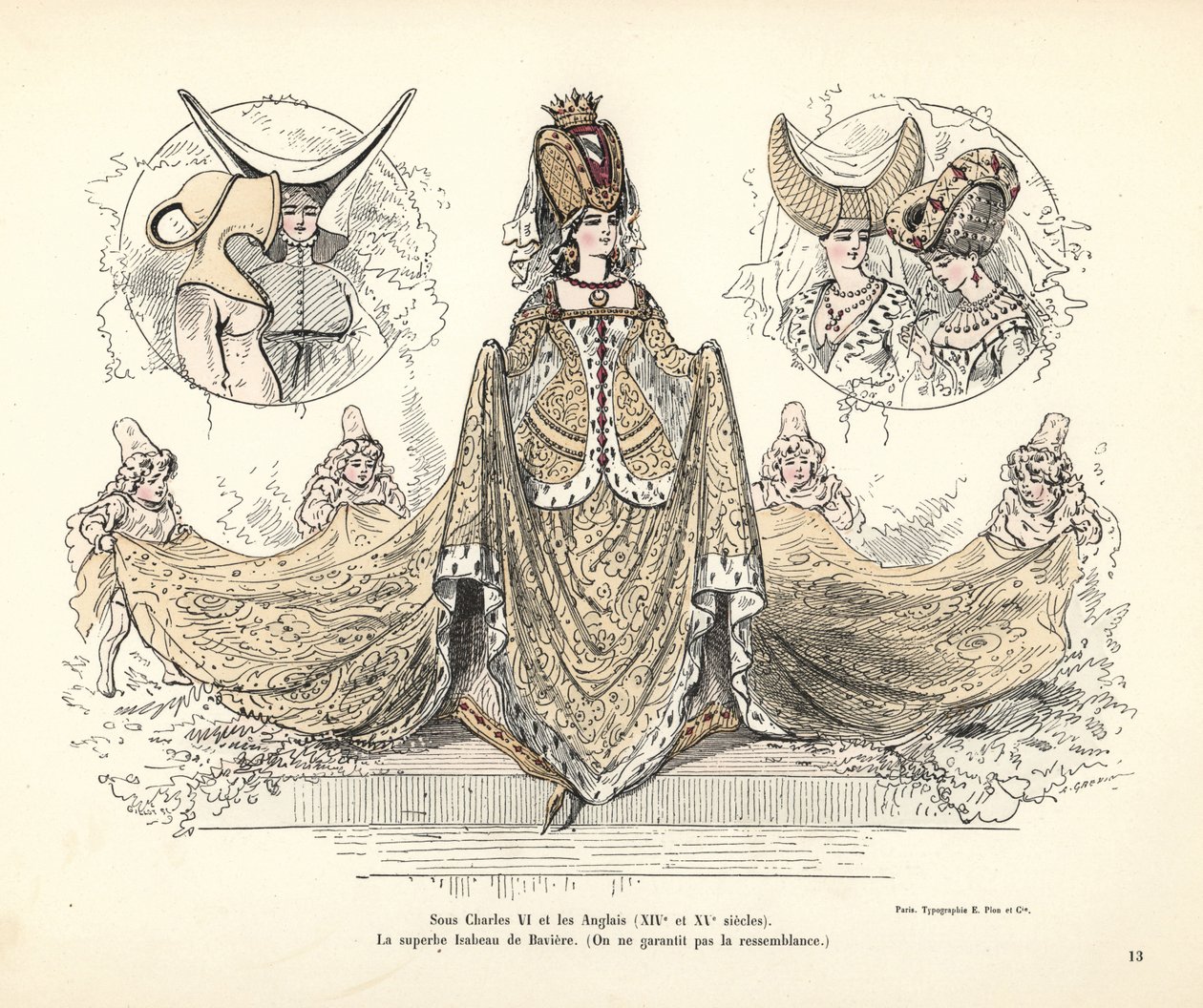 Traje de Isabel de Baviera, reina de Francia, tocados de Alfred Grevin