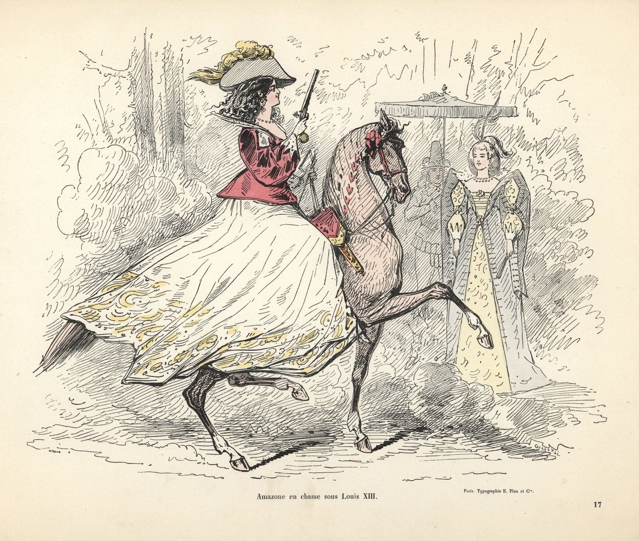 Traje de caza para mujer, época del rey Luis XIII de Francia de Alfred Grevin