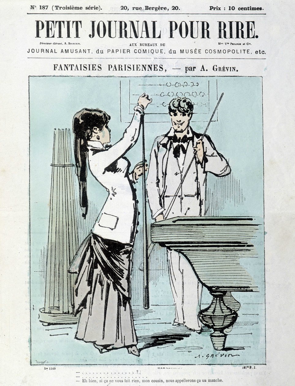 Fantasías parisinas por A. Grévin: Bueno, si no te importa, primo, lo llamaremos una manga. Jugador de billar - portada del “Pequeño Diario para Reír” de diciembre de 1903 de Alfred Grevin