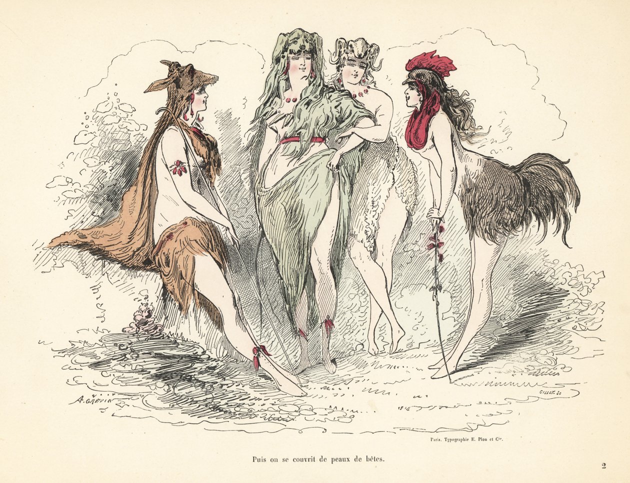 Mujer vistiendo trajes de pieles de animales, cabezas y plumas. de Alfred Grevin