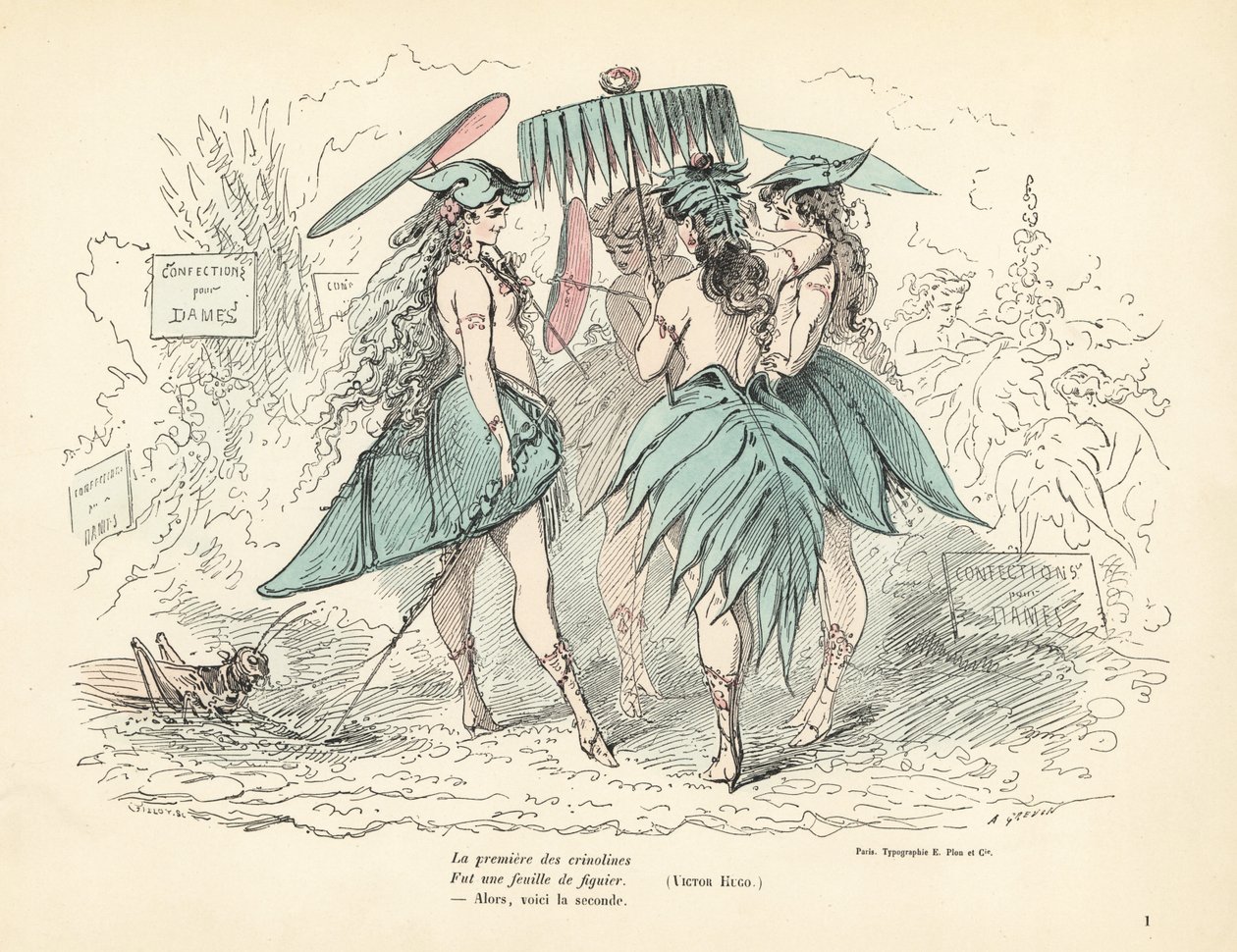 Mujeres vestidas solo con vestidos y sombreros de hojas de parra, sosteniendo hojas pa de Alfred Grevin
