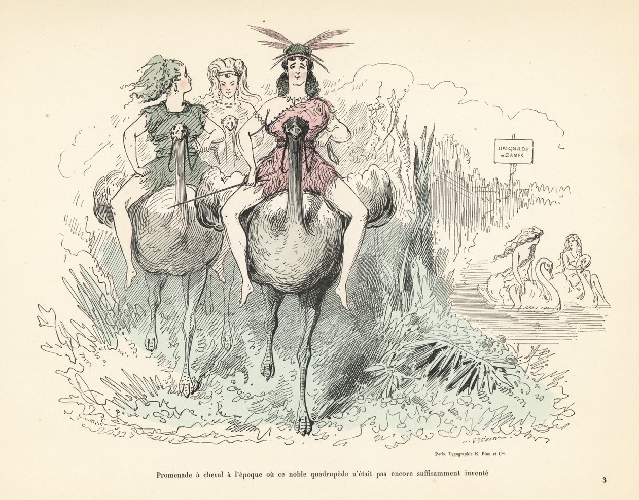 Mujeres con pieles de animales y plumas montando avestruces y cisnes. de Alfred Grevin