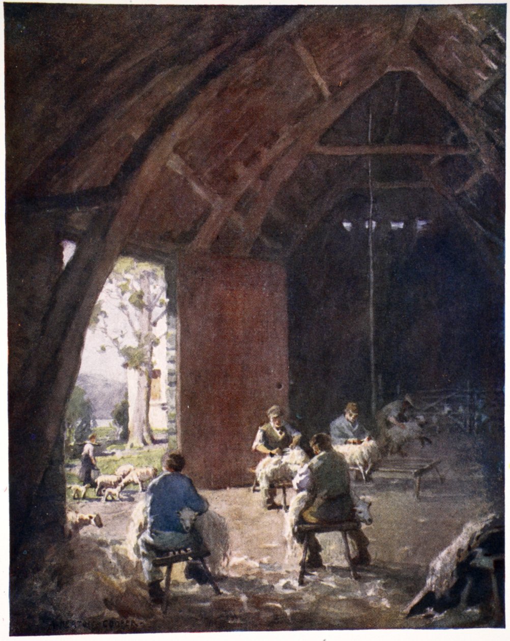 Esquila de ovejas, Esthwaite Hall Farm, de una cartera de impresiones de las acuarelas originales, c.1920 de Alfred Heaton Cooper