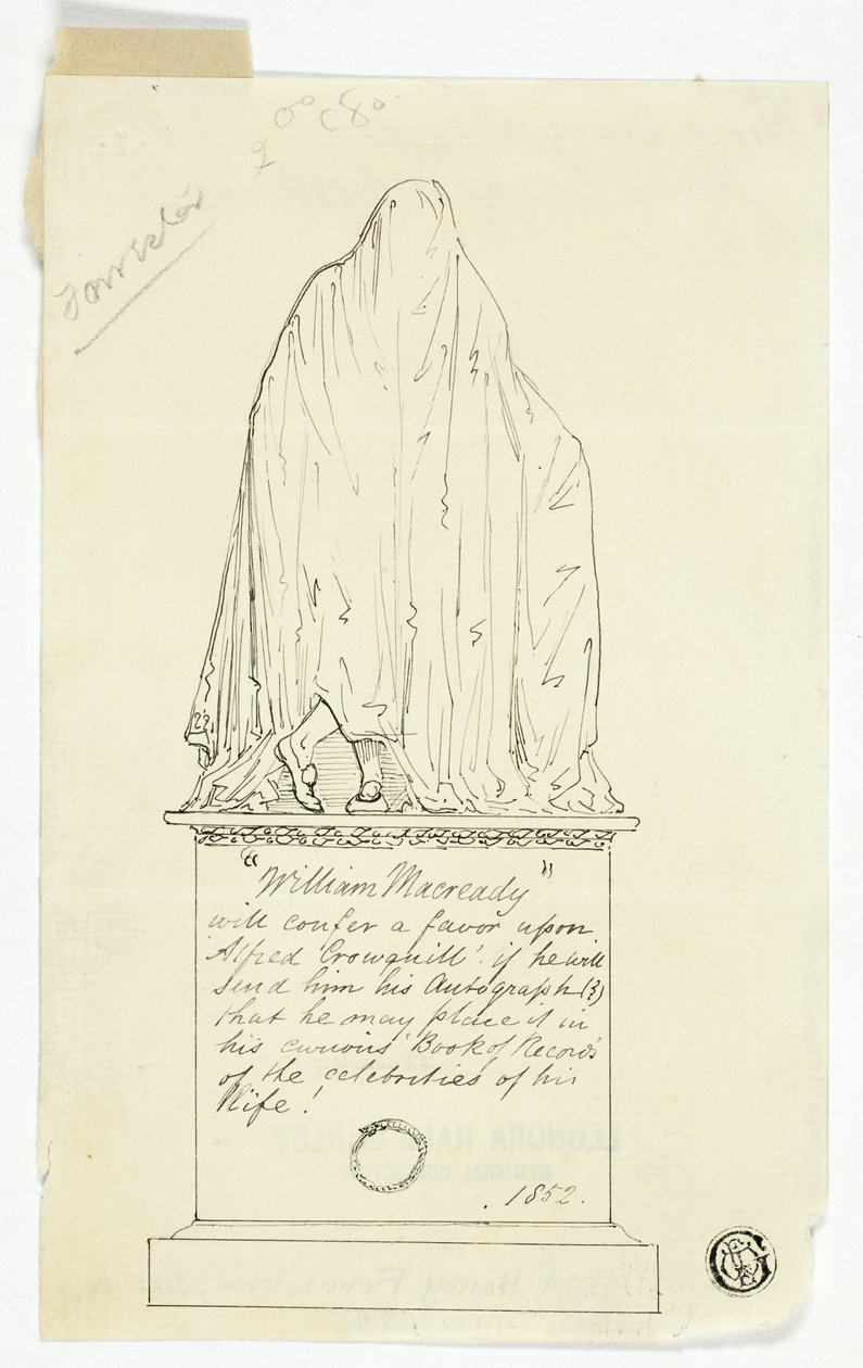 Tarjeta de visita con monumento drapeado, inscripción del artista de Alfred Henry Forrester
