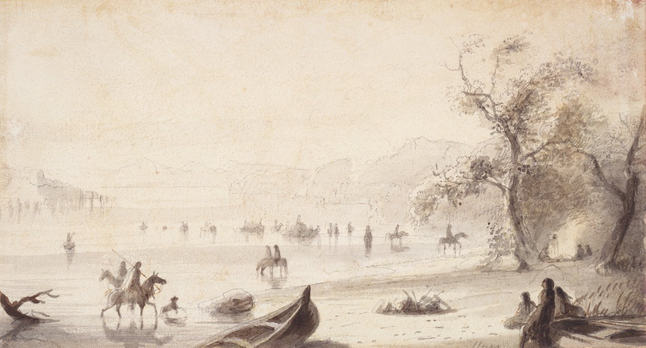 Bull Boating Across the Platte, c.1837 (dibujo en papel) de Alfred Jacob Miller