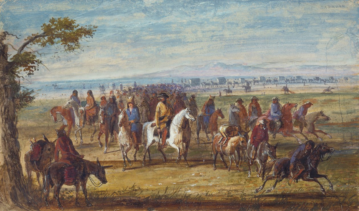 Caravana: Sir William Stewart Montado en Caballo Blanco, c.1837 (óleo sobre papel) de Alfred Jacob Miller