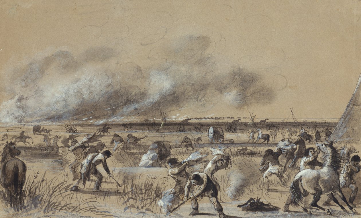 Fuego en la pradera, prender fuego al campamento, c.1837 (lavar con reflejos en papel) de Alfred Jacob Miller