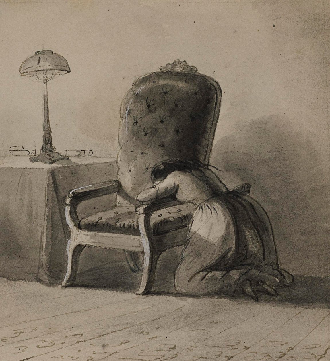 Chica arrodillada sobre el brazo de una silla de Alfred Jacob Miller
