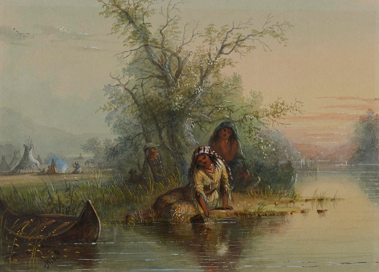 Campamento indígena a orillas del río Eau Sucre de Alfred Jacob Miller