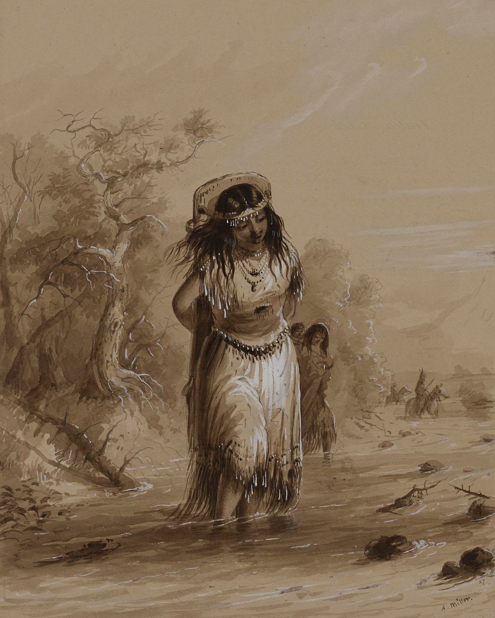 Niña indígena con un bebé a la espalda cruzando un arroyo de Alfred Jacob Miller