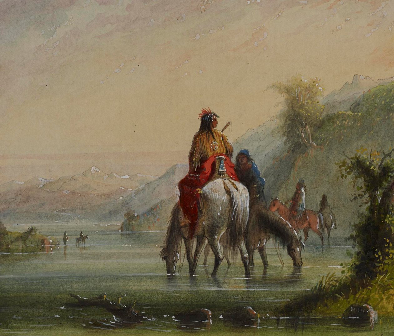 Niñas indias abrevando caballos (río Eau Sucre) de Alfred Jacob Miller