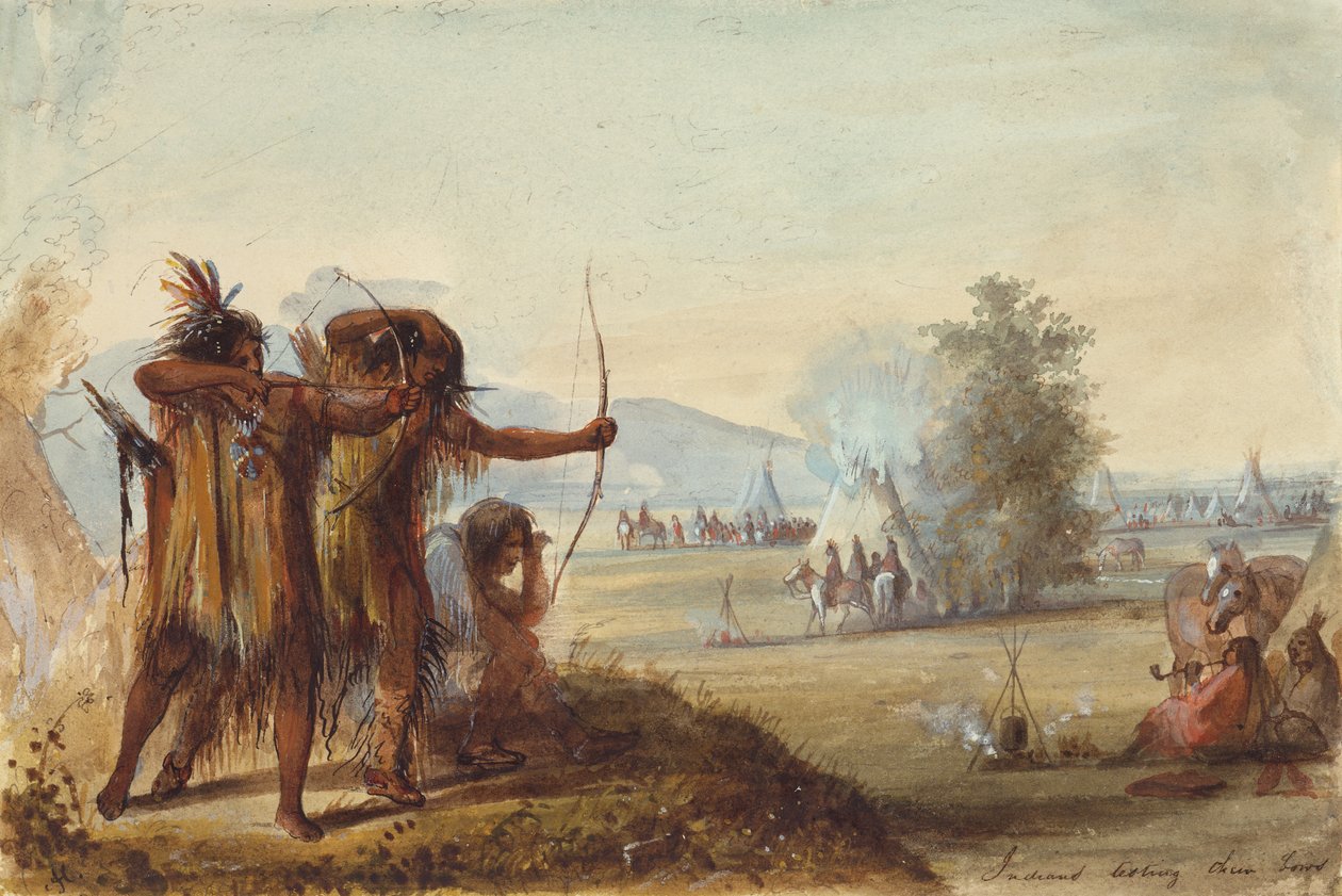 Indios probando sus arcos, c.1858 (lápiz, acuarela y gouache sobre papel) de Alfred Jacob Miller