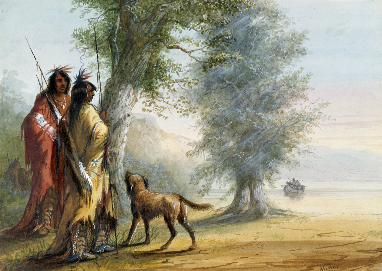 Indios observando una canoa de Alfred Jacob Miller