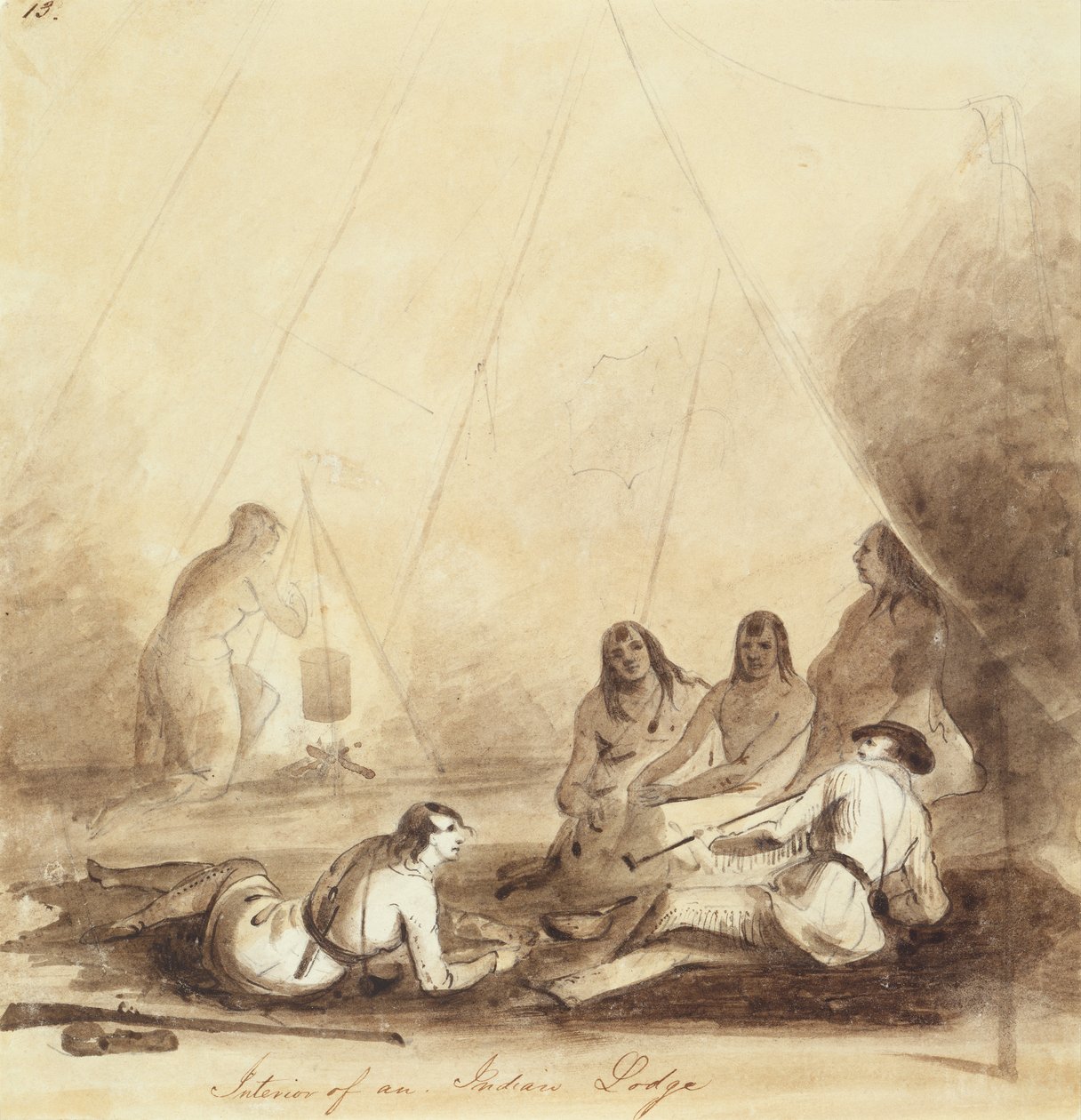 Interior de una Logia India, c.1837 (lápiz, pluma y tinta y aguada sobre papel) de Alfred Jacob Miller