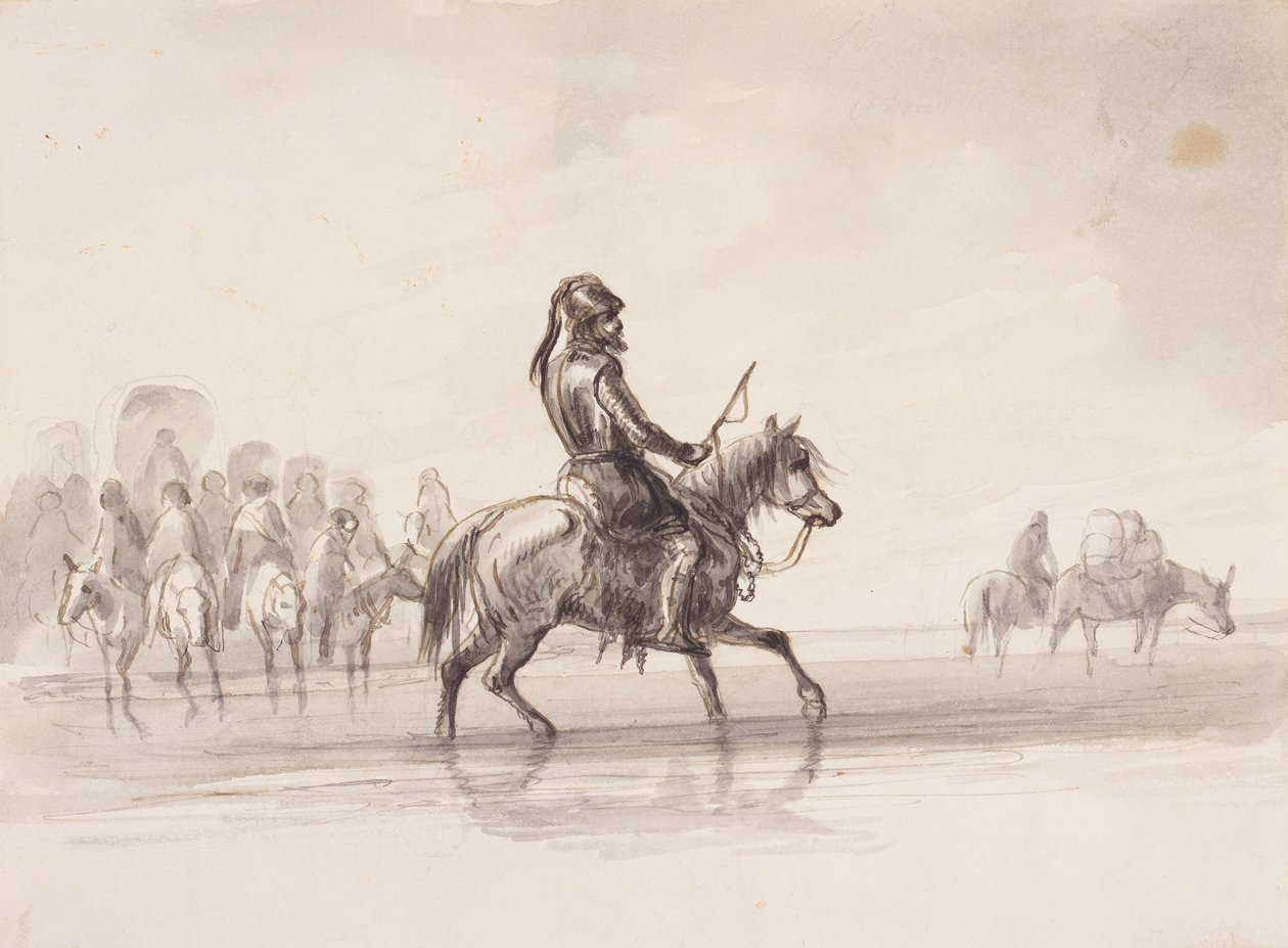 Jim Bridger, en una armadura inglesa, c.1837 (pluma y tinta y aguada sobre papel) de Alfred Jacob Miller