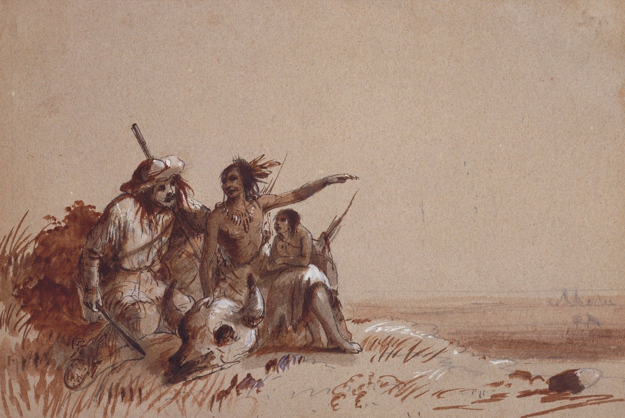Kansas Indian Recounting to a Trapper, by Signs, the Migration of Buffalo, c.1837 (lápiz y lavados marrones y negros sobre papel) de Alfred Jacob Miller