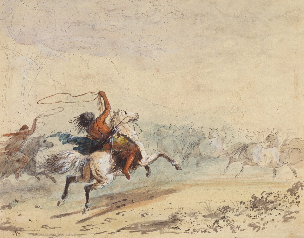 Lazar caballos salvajes, c.1837 (lápiz, pluma, tinta, acuarela y gouache sobre papel) de Alfred Jacob Miller