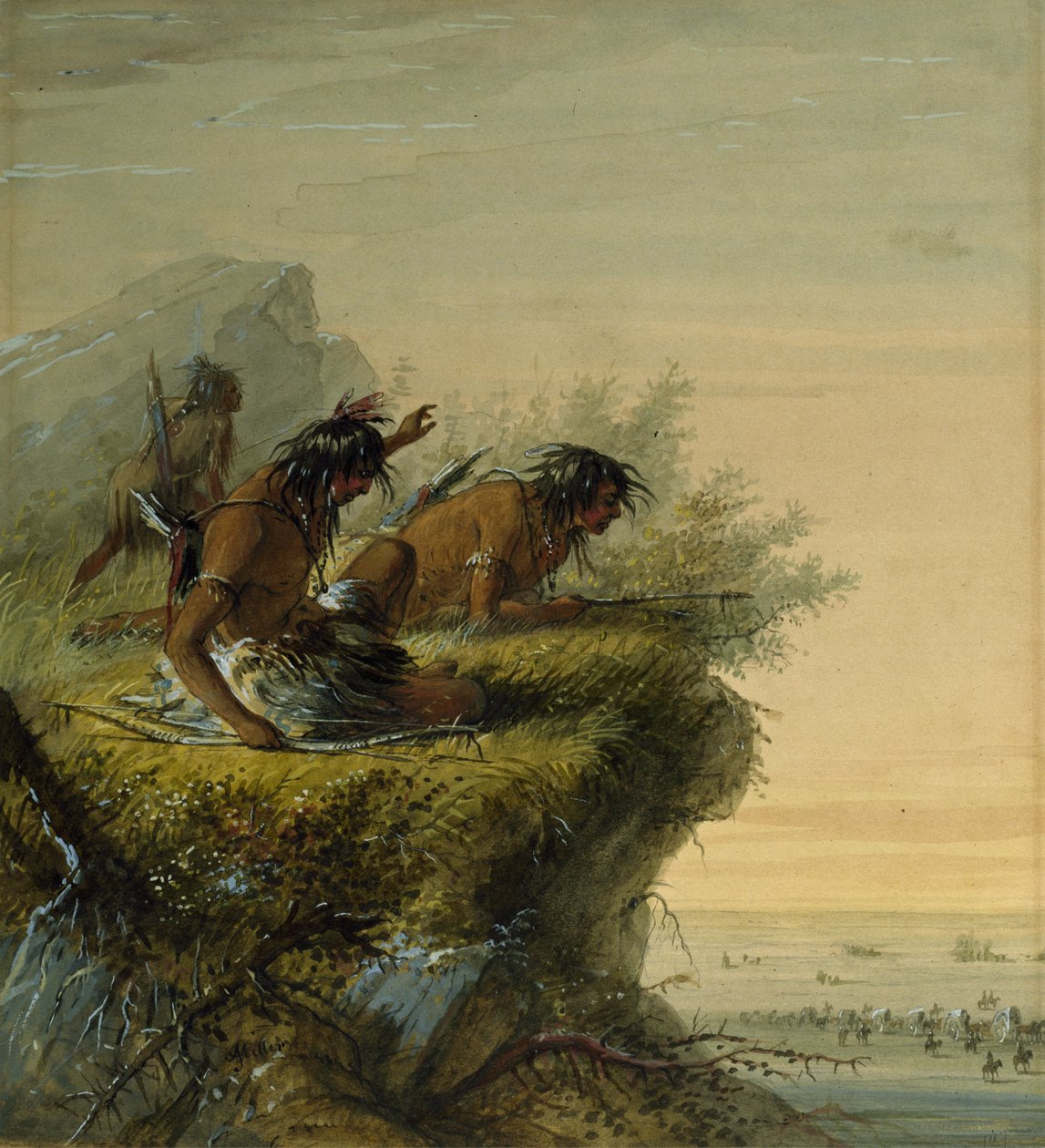 Indios pawnee observando la caravana de Alfred Jacob Miller