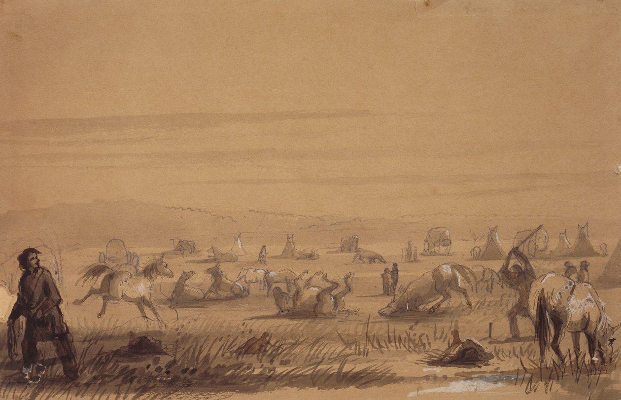 Reaching Camp, Removal the Saddles, c.1837 (lápiz, pluma y tinta, aguada y gouache sobre papel) de Alfred Jacob Miller