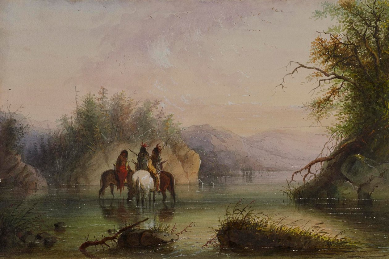 Escena fluvial: abrevando caballos de Alfred Jacob Miller