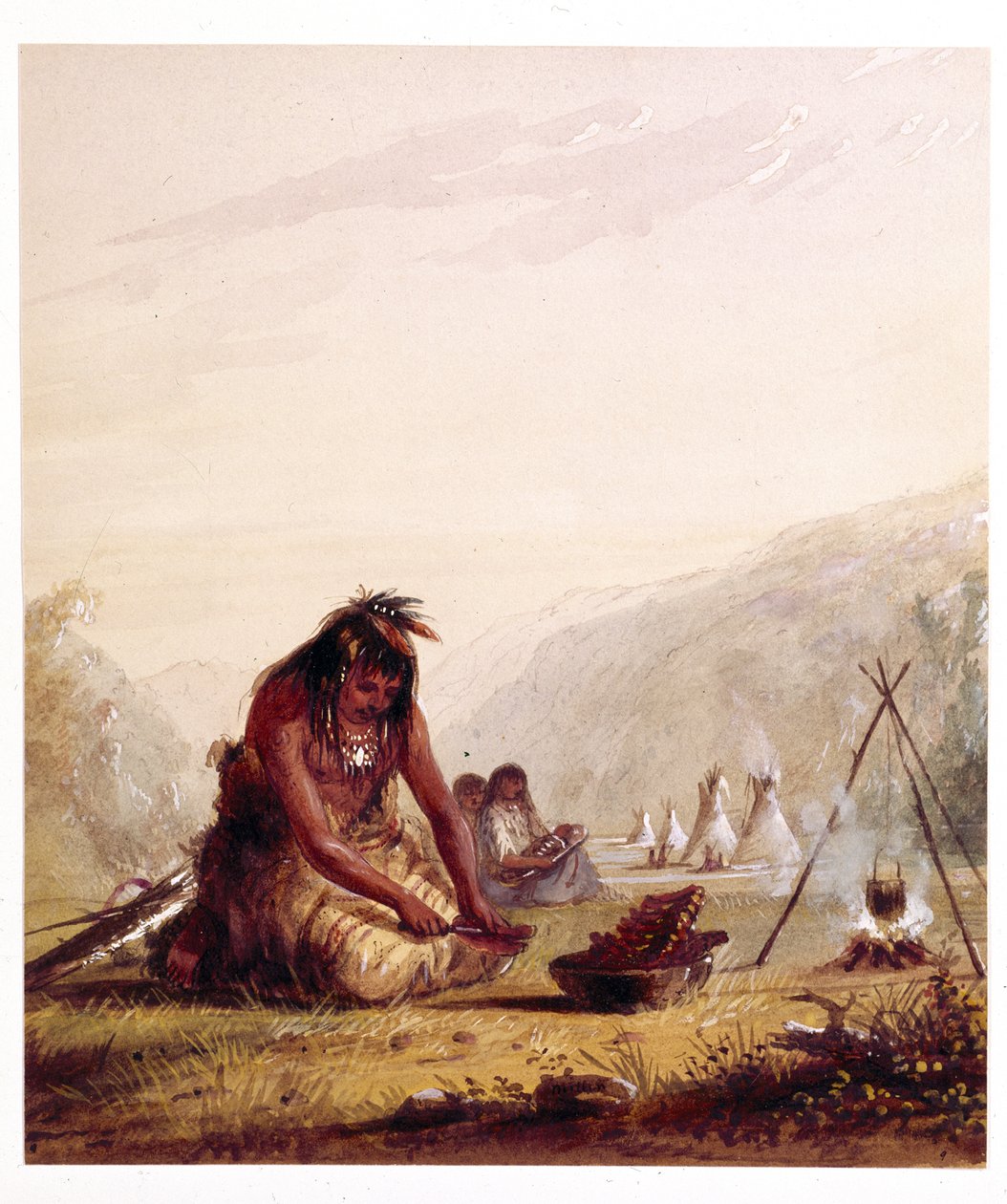 Un indio shosohonee [sic] preparando su comida de Alfred Jacob Miller