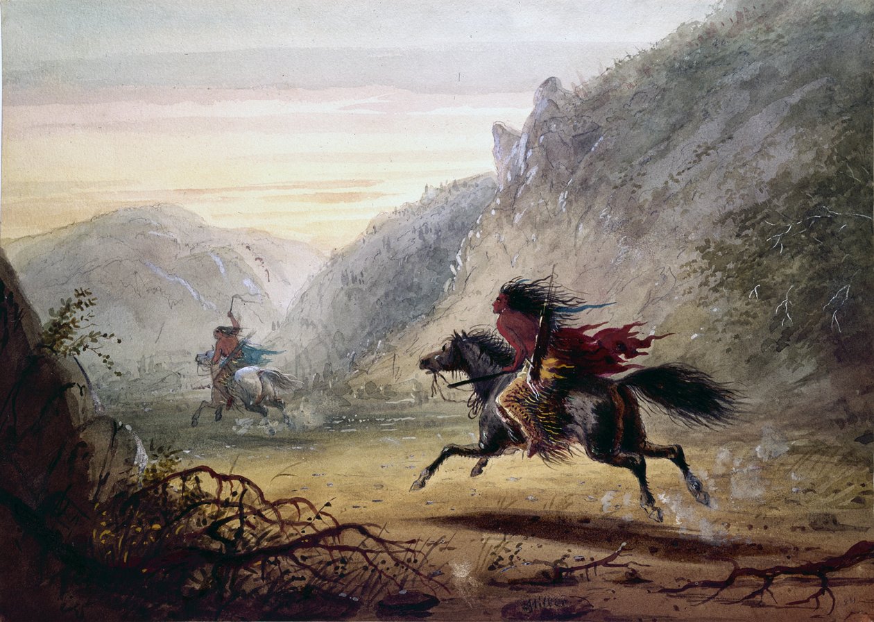 Un indio de la tribu Snake persigue a un ladrón de caballos «Crow» de Alfred Jacob Miller