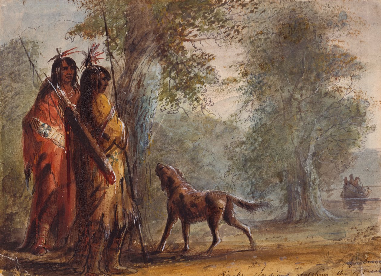 Indios serpientes observando el acercamiento de una canoa, c.1837 (lápiz, acuarela y gouache sobre papel) de Alfred Jacob Miller