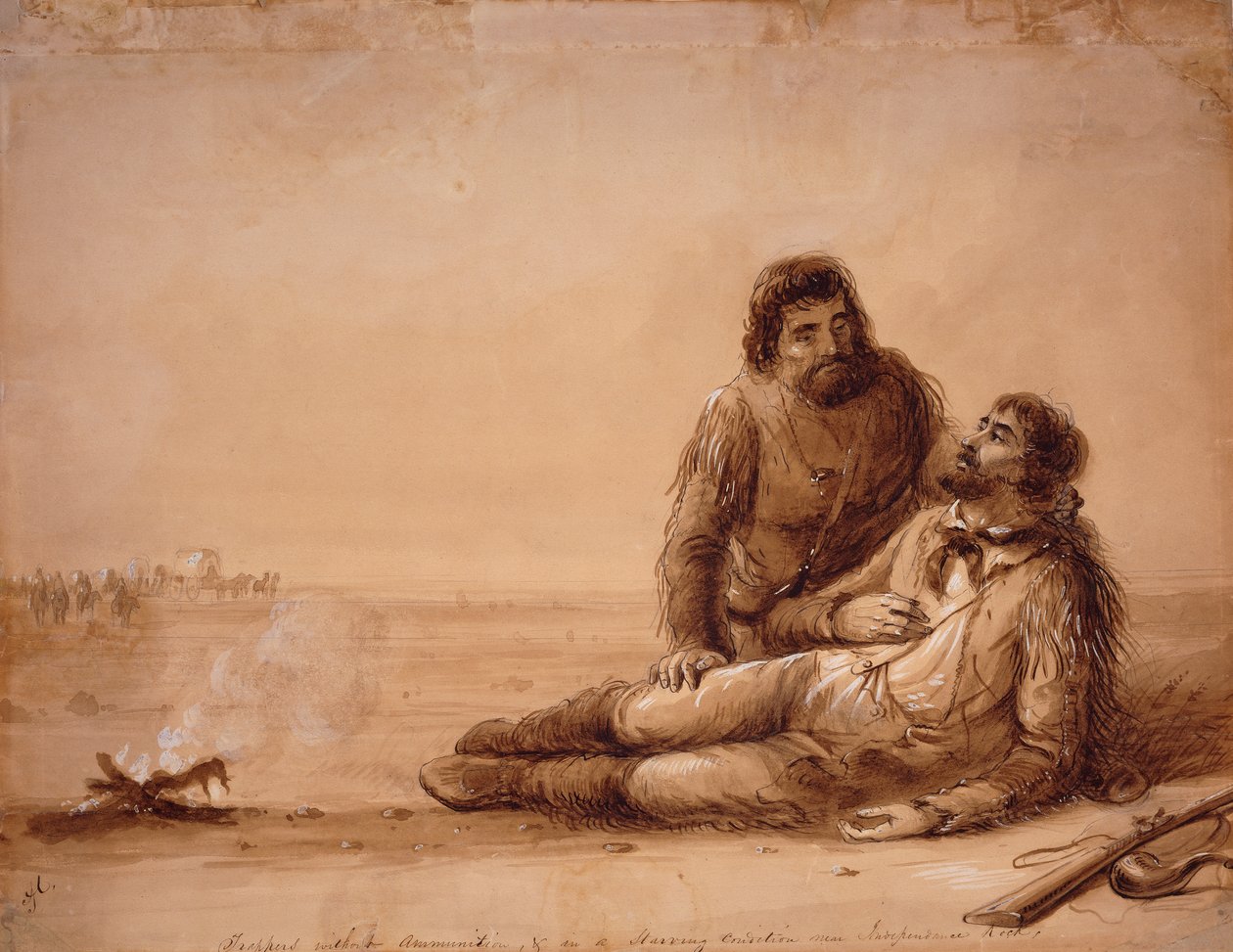 Tramperos sin municiones y hambrientos cerca de Independence Rock, c.1850 (lavado sepia sobre papel) de Alfred Jacob Miller