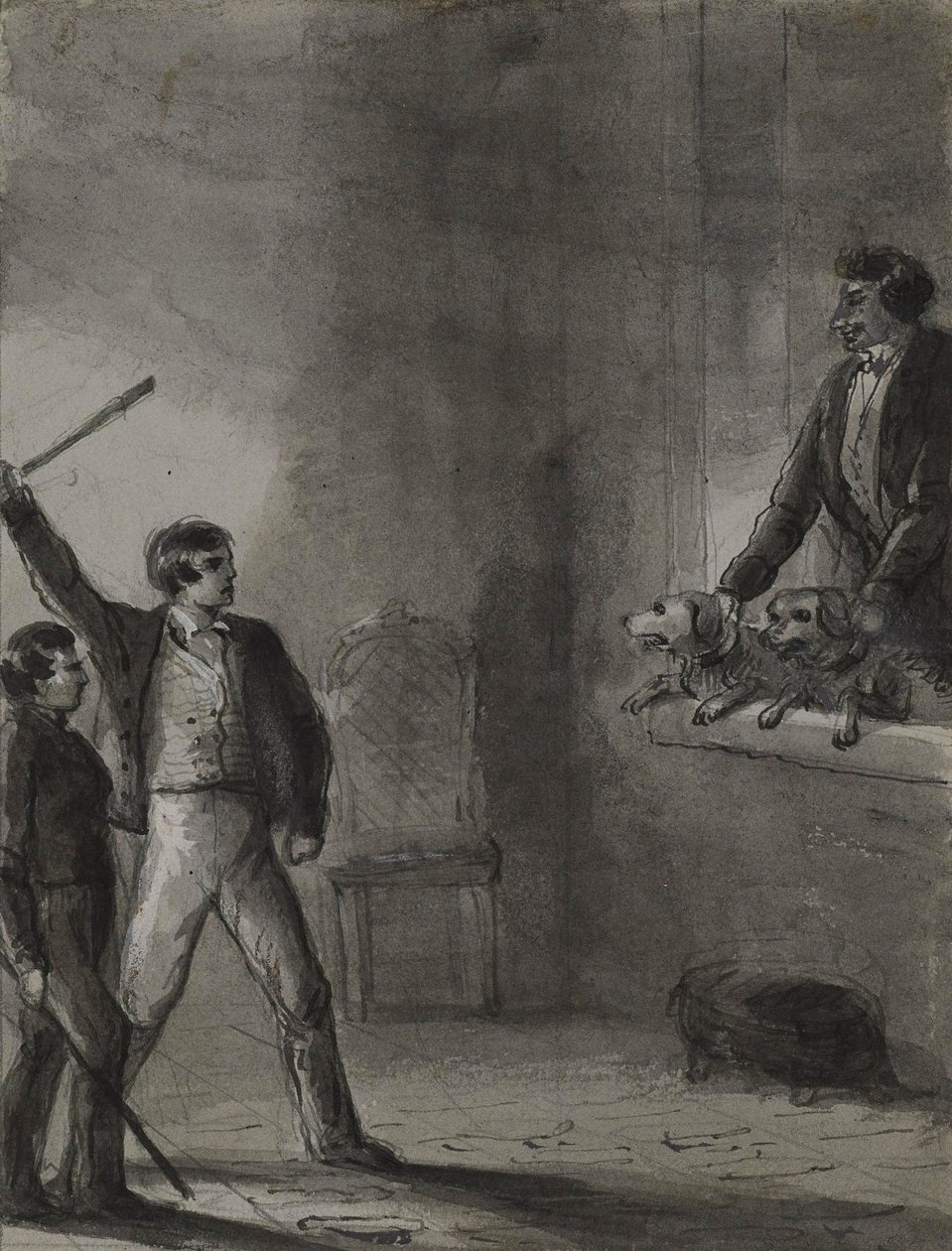 Dos niños con palos levantados mientras un hombre y unos perros miran desde una ventana de Alfred Jacob Miller