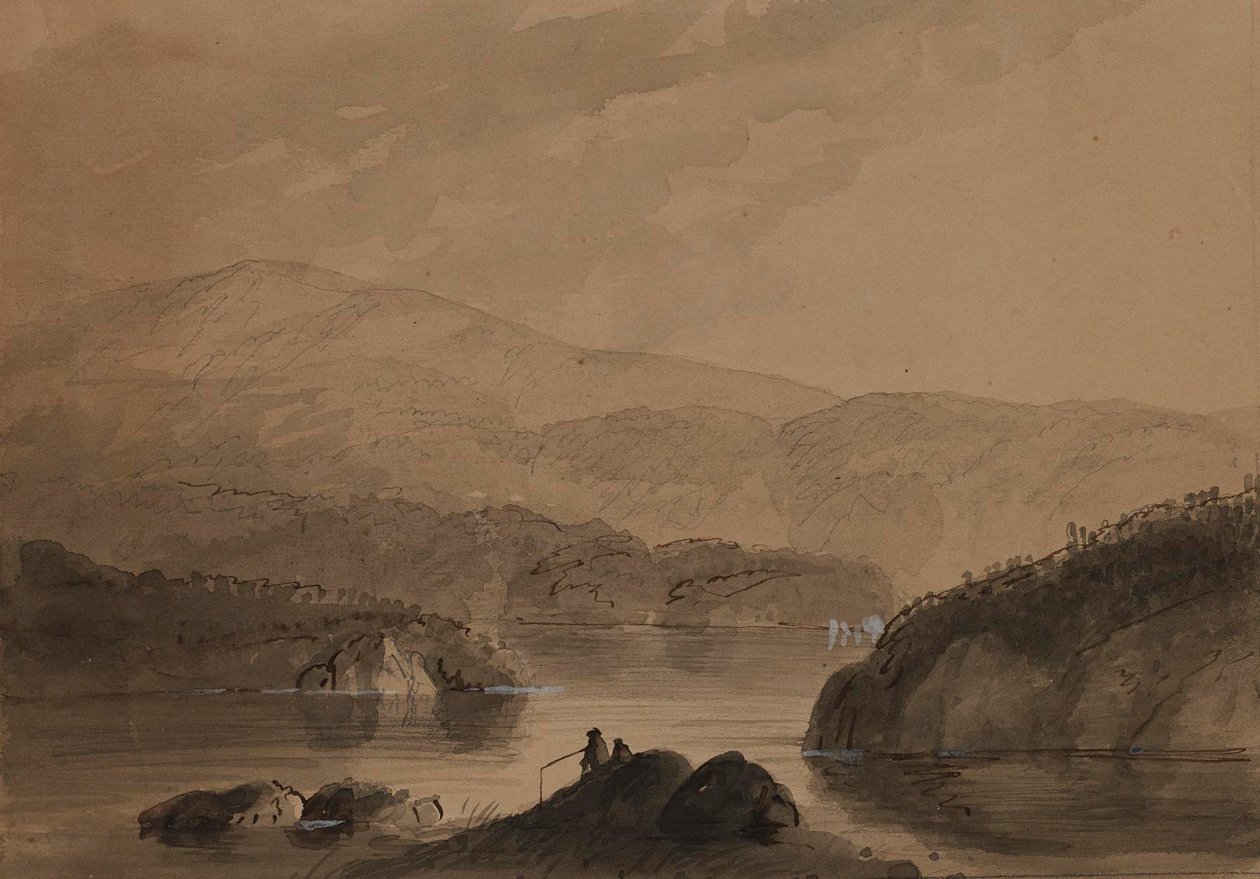 Vista de unos hombres pescando desde una roca en un lago de Alfred Jacob Miller